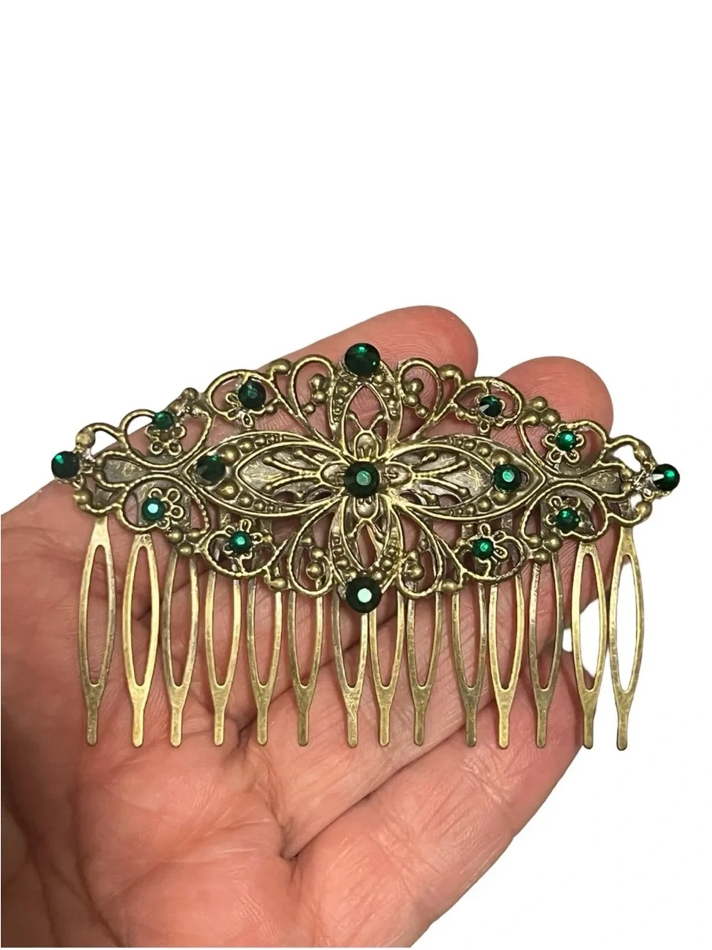 Antique-Style Brass Hair Comb with Green Gem Accents FINAL PRICE DROP